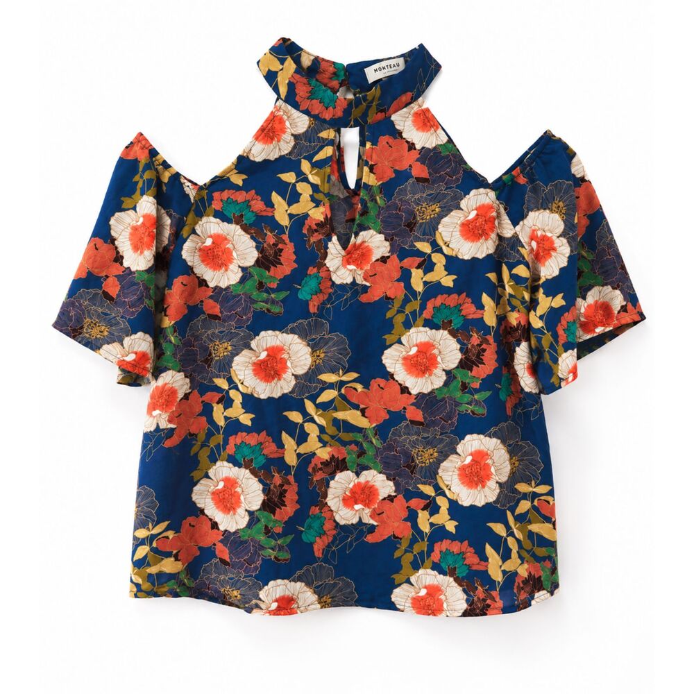 Monteau Los Angeles Floral Cold Shoulder Keyhole Halter Blouse Navy Fits Small